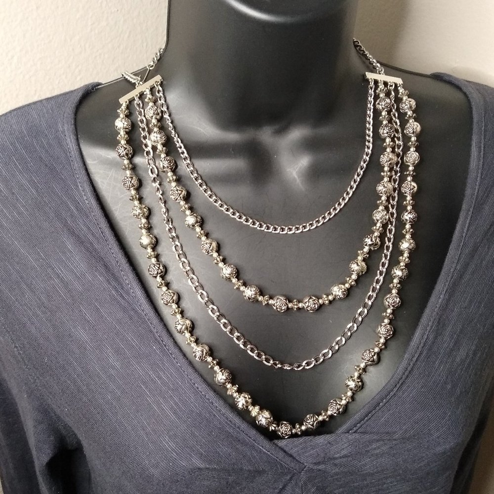 Vintage Floral Layered Necklace And Clip On Earring Set